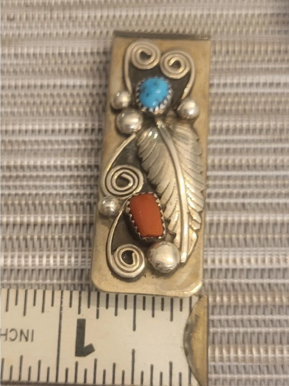 Handcrafted Sterling Silver Feather $ Clip Turquoise and Coral Stones